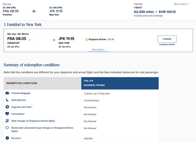 Singapore Airlines award conditions