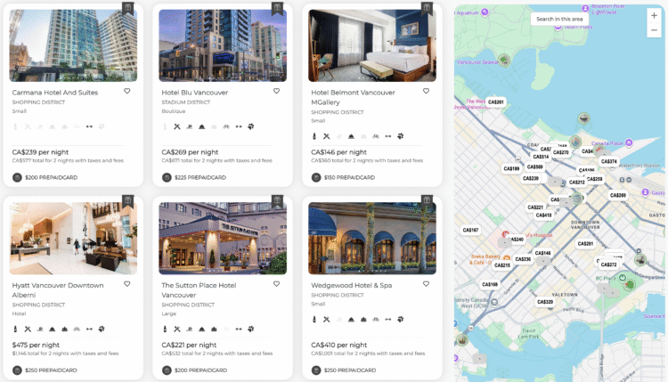 StayVancouverHotels map of participating properties.