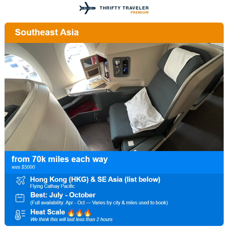 Screenshot of flight award availability alert from Thrifty Traveler for travel on Cathay Pacific