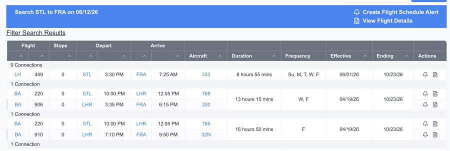 Flight Timetable Search Results on ExpertFlyer