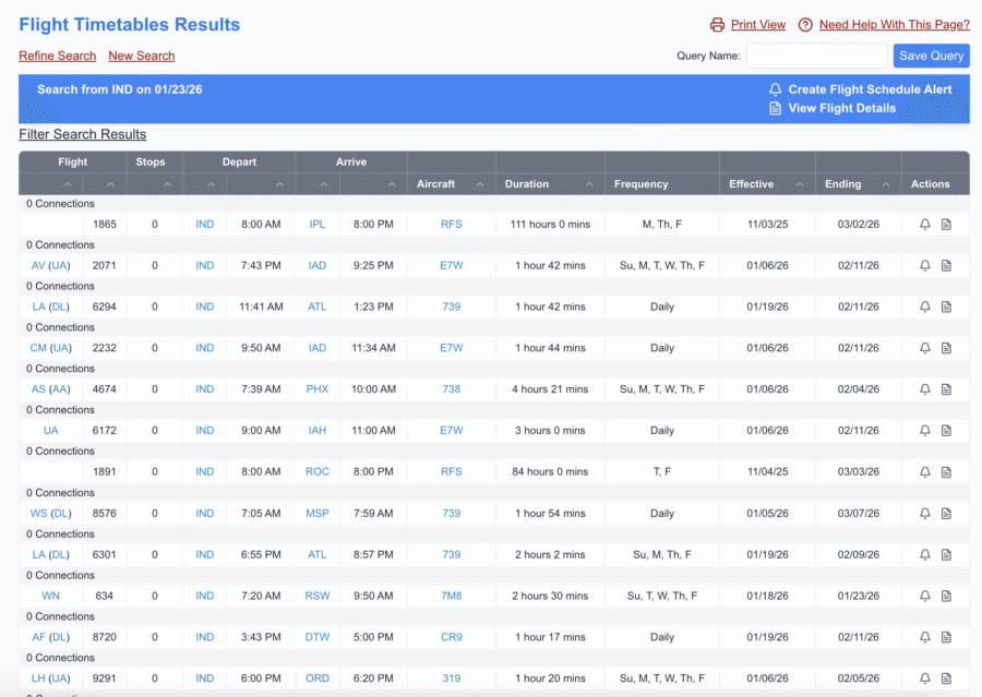 Flight Timetable Search Results for departures from Indianapolis International Airport on ExpertFlyer