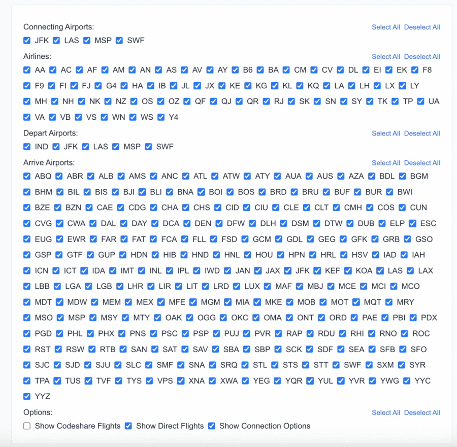 Flight Timetable Filtering Options on ExpertFlyer
