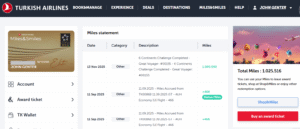 Screenshot of Turkish Miles&Smiles account reflecting million mile bonus