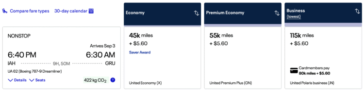 United award from IAH to GRU.