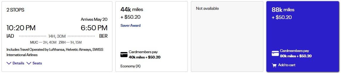 United MileagePlus cost for an award flight from Washington, D.C. to Berlin.