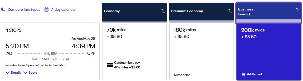 United MileagePlus cost for an award flight from Washington, D.C. to the Berlin train station.