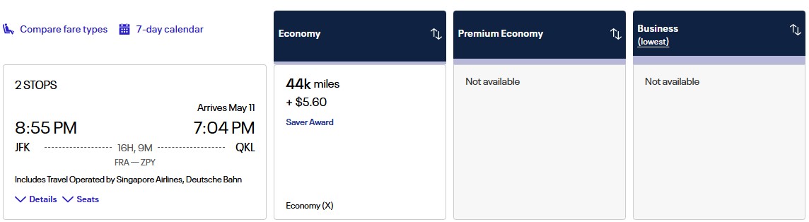 United MileagePlus cost for an award flight from New York to Cologne train station.