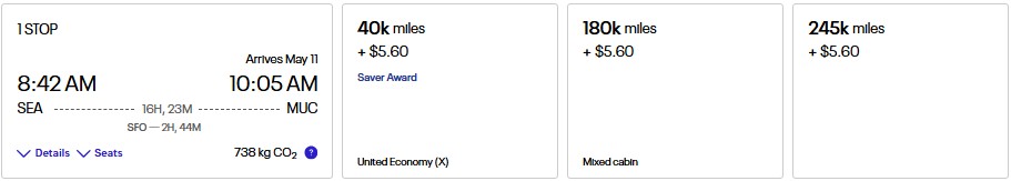 United MileagePlus cost for an award flight from Seattle to Munich.