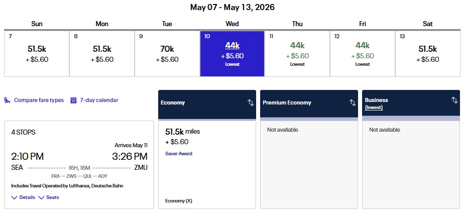 United MileagePlus cost for an award flight from Seattle to Munich train station.