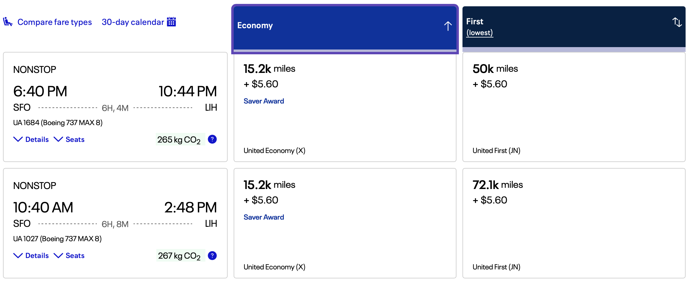 United MileagePlus award from SFO to LIH