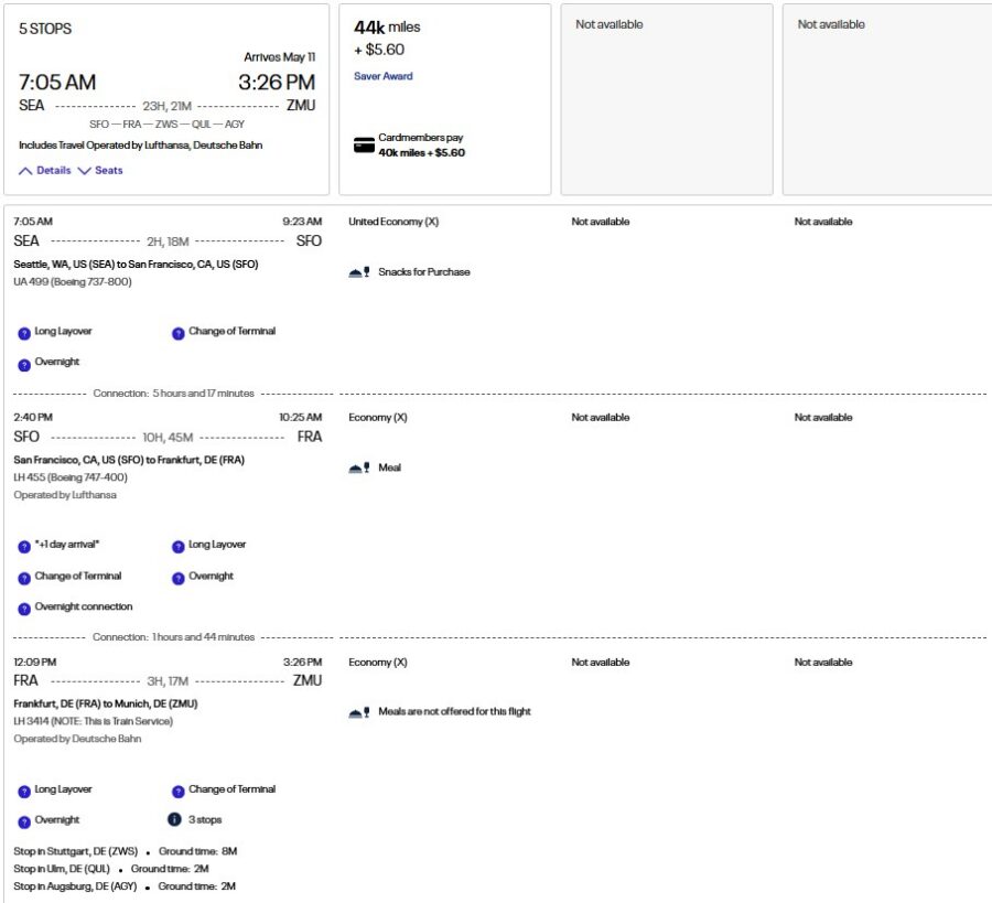 A United Seattle to Munich itinerary with five stops.