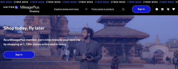 United MileagePlus shopping homepage.