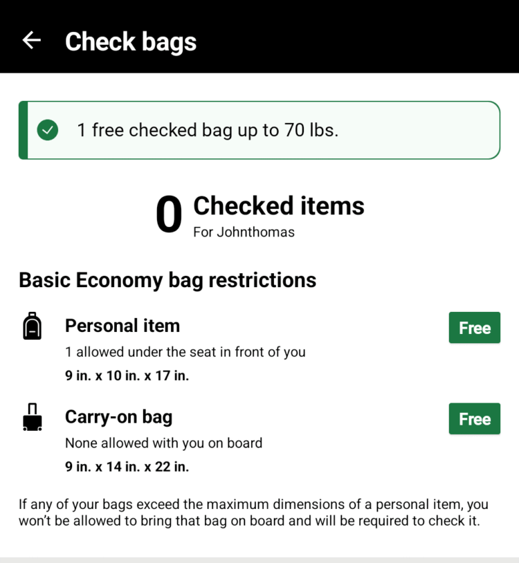 Screenshot of United app showing one free bag