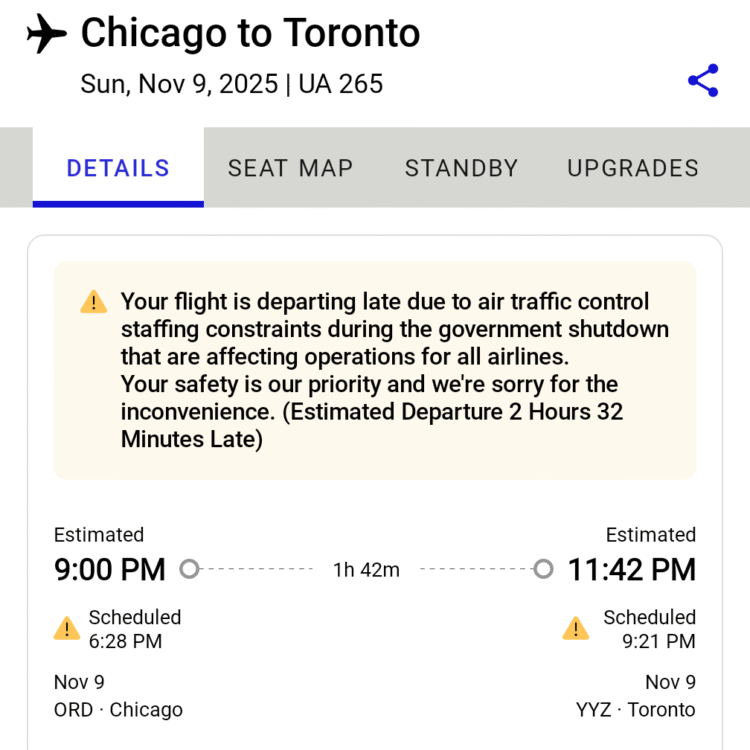 Screenshot of United app showing a flight delay from 6:28 pm to 9 pm