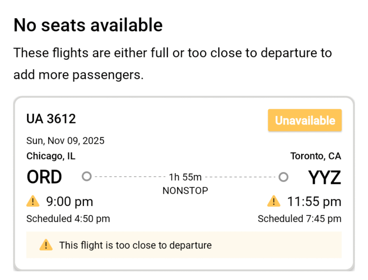 Screenshot of United app showing a flight is too close to departure to change to it