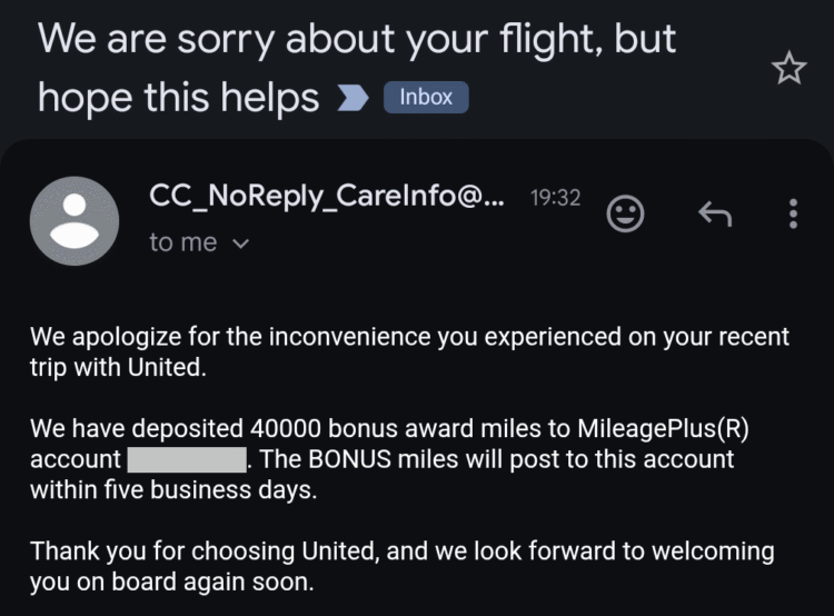 Email from United about compensation for flight bump