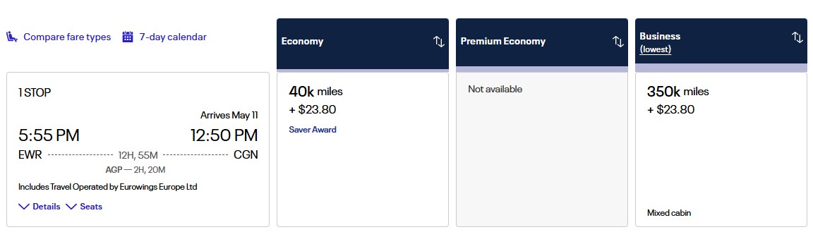 United award rates for a flight from Newark to Cologne, Germany.