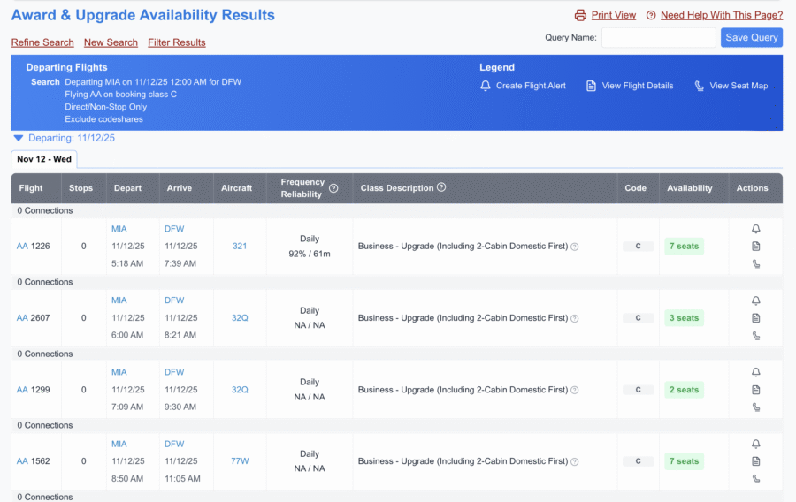 A screenshot showing search results for upgrade availability on American Airlines flights between Miami and Dallas