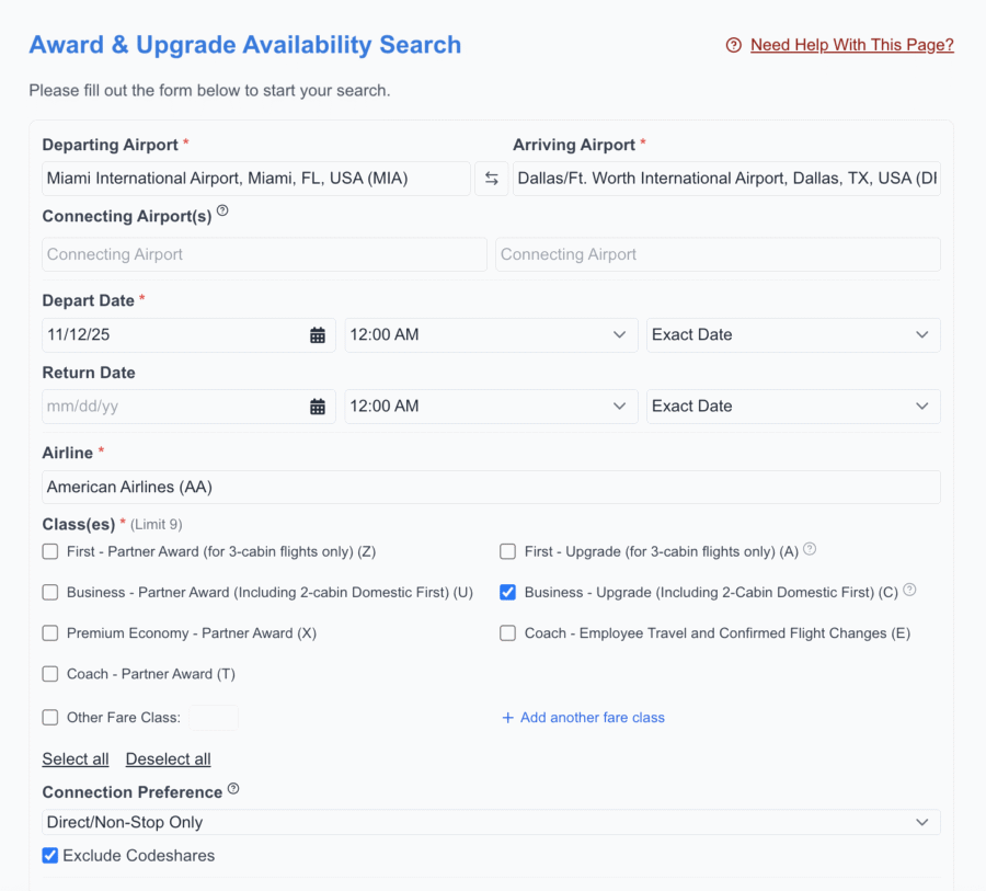 A screenshot showing how to set up a search for upgrade space on an American Airlines flight using ExpertFlyer