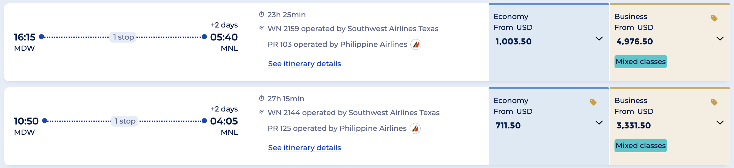 Philippine Airlines/Southwest connecting itinerary.