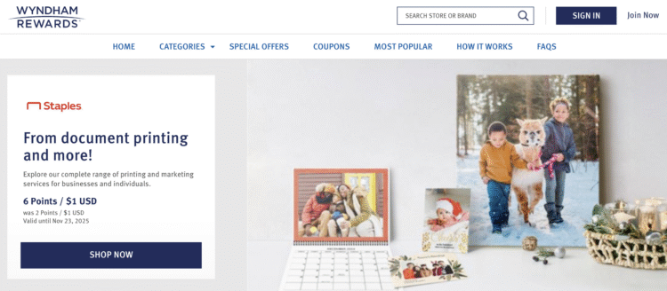 Wyndham Rewards shopping homepage.