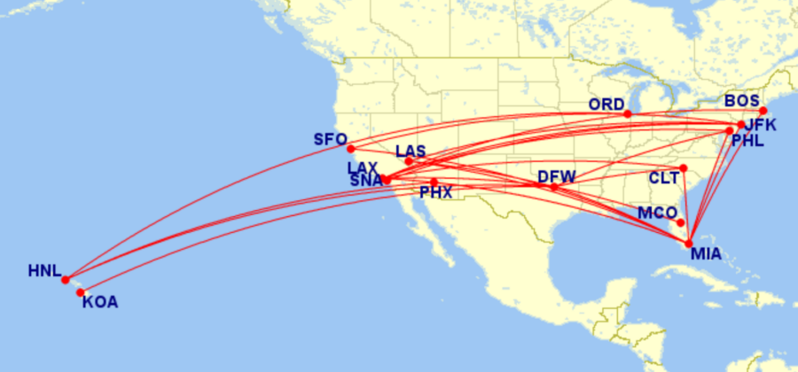 Map of all domestic routes where American Airlines is flying lie-flat seats in January 2026