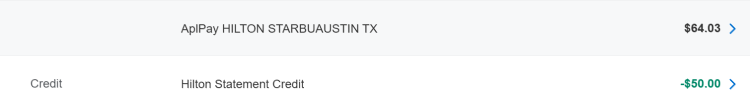 A screenshot from the American Express website shows a statement credit that was applied to a purchase at a Hilton Starbucks.
