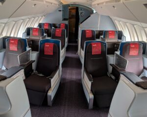 Business class seating in the retired KLM 747 at Marriott's Corendon Amsterdam Schiphol Airport