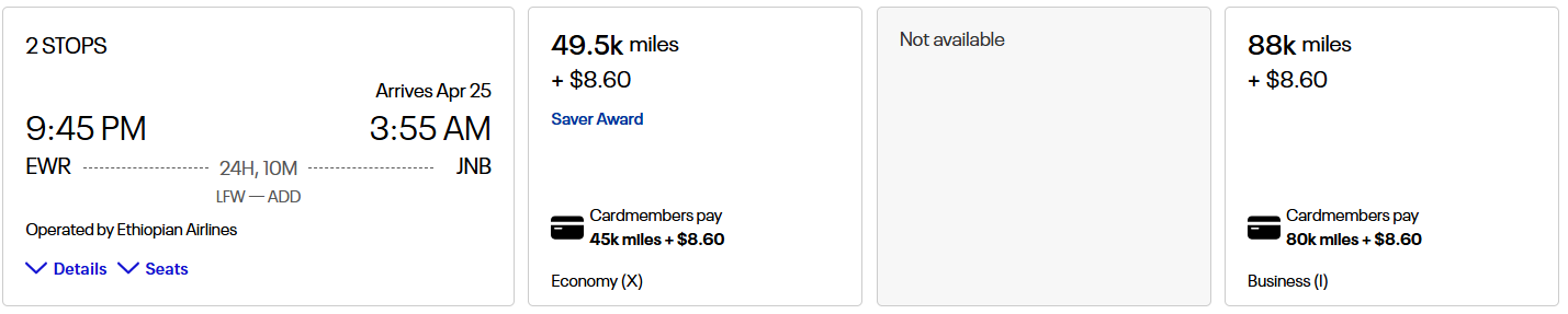 Newark to Johannesburg for 88,000 United miles
