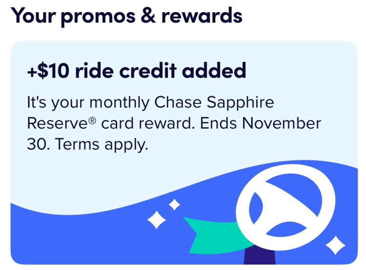A screen shot from the Lyft app shows the Chase monthly credit.
