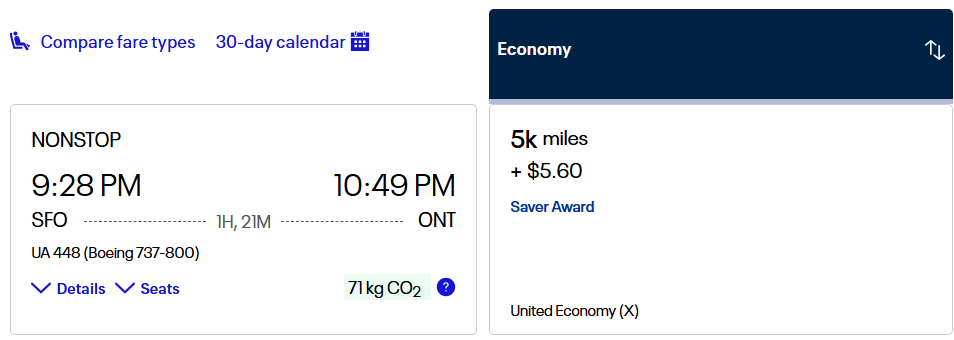 San Francisco to Ontario for 5,000 United miles. 