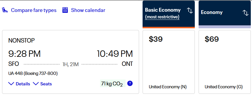 San Francisco to Ontario cash fare. 