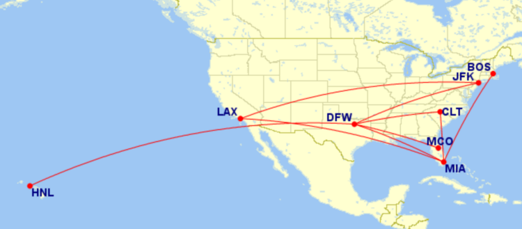 Map of domestic routes where American Airlines is flying lie-flat seats on its Boeing 777-200 aircraft in February 2026