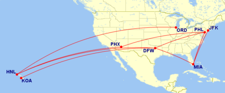 Map of domestic routes where American Airlines is flying lie-flat seats on its Boeing 787-8 aircraft in February 2026