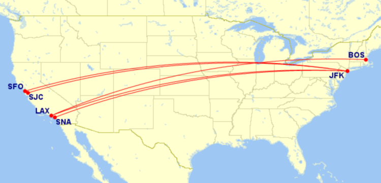 Map of domestic routes where American Airlines is flying lie-flat seats on A321T in February 2026
