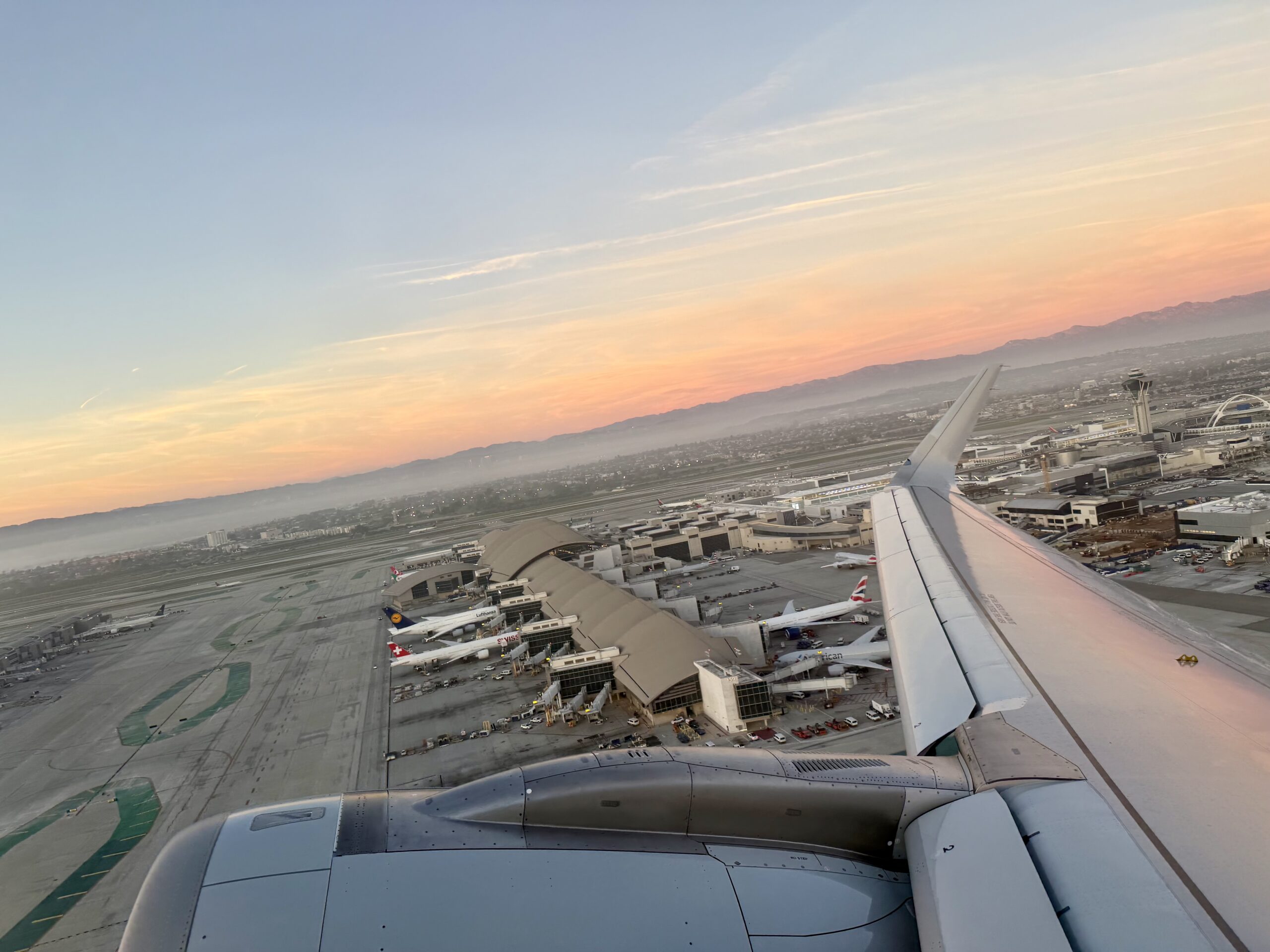 American Airlines A321XLR wing view over LAX