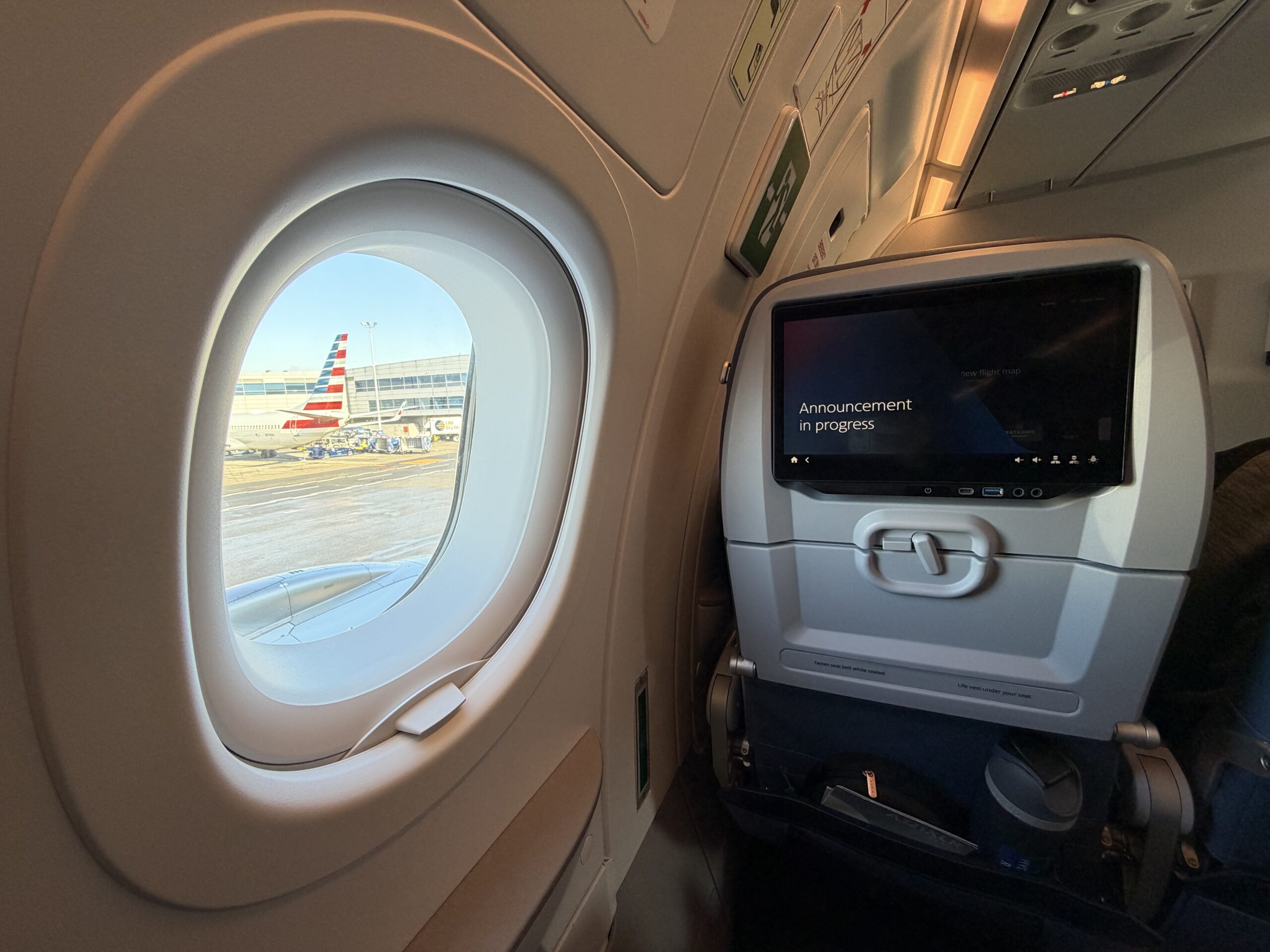 American Airlines A321XLR seat back and window