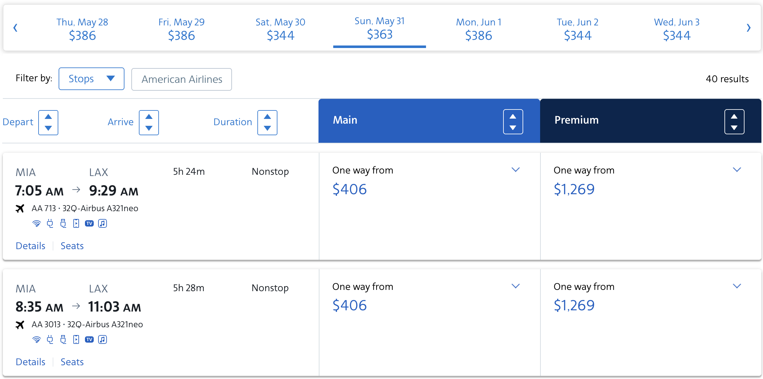 American Airlines itinerary from MIA to LAX with Wi-Fi onboard.