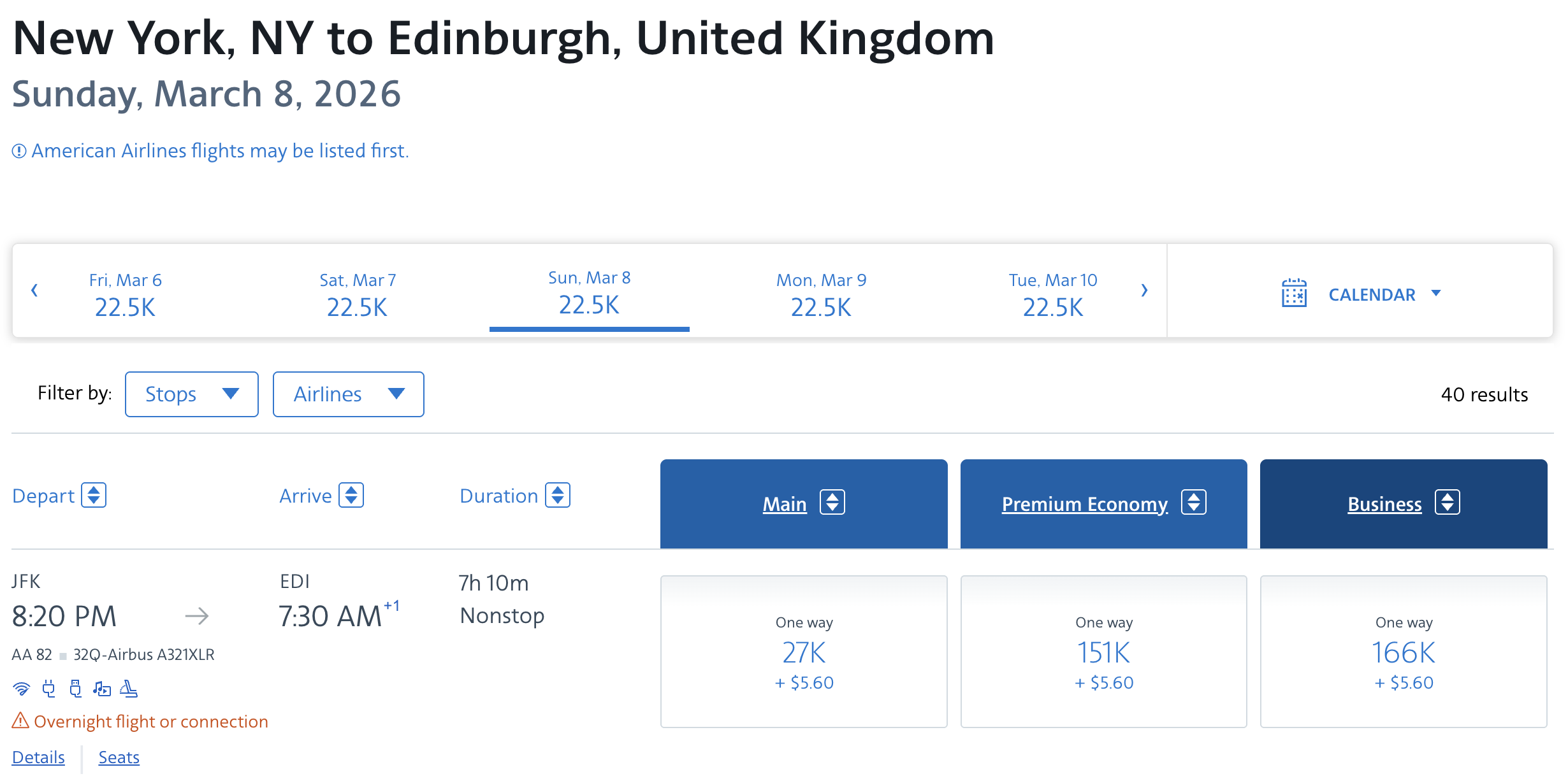 American Airlines XLR ticket from JFK to EDI.