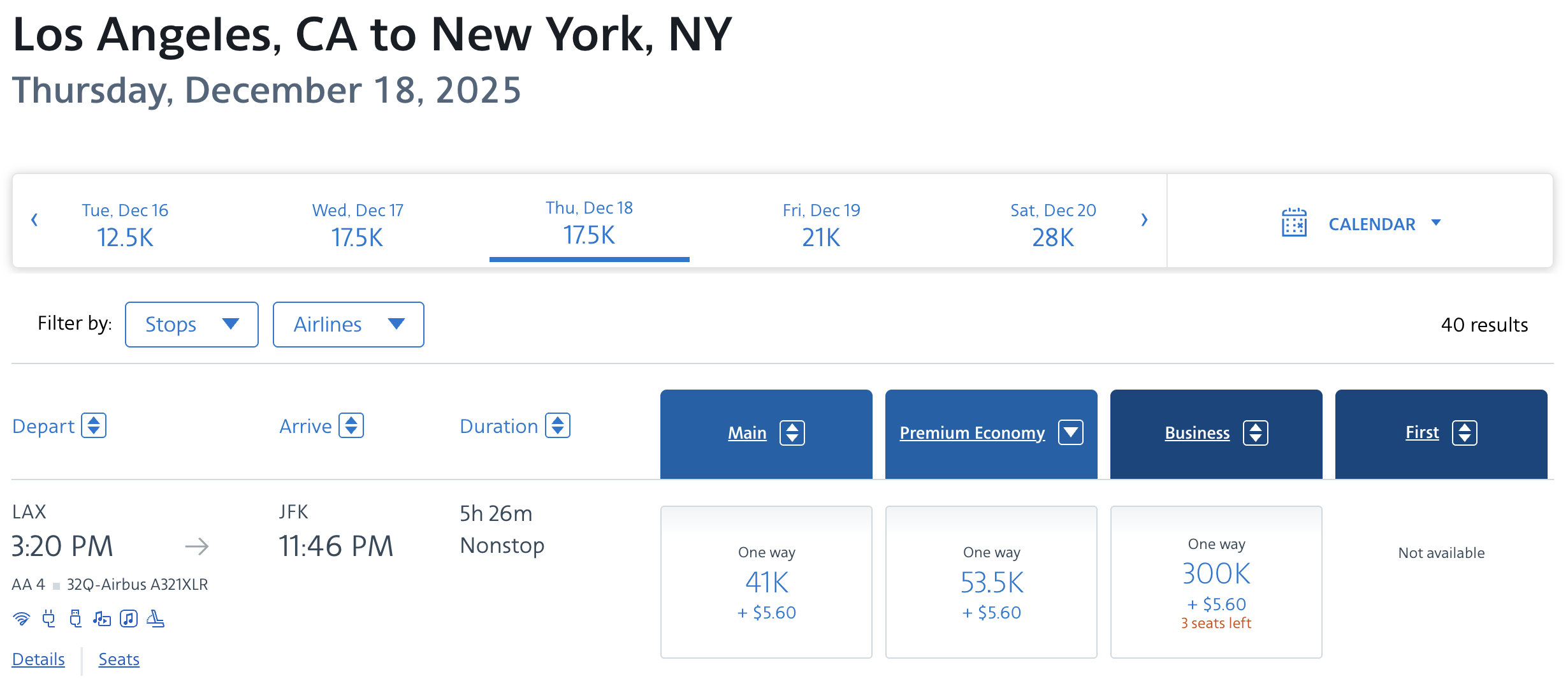 American Airlines XLR ticket from LAX to JFK.