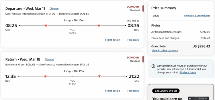 Air Canada paid ticket from SFO to BCN.