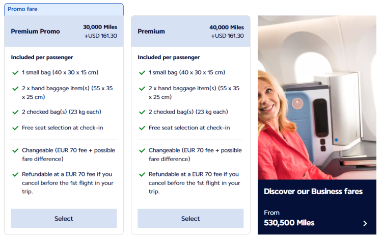 A screen shot shows premium economy options for a flight on Air France.