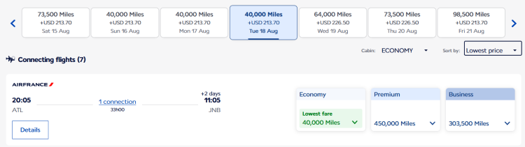 A screenshot shows a flight from ATL to JNB bookable with Flying Blue