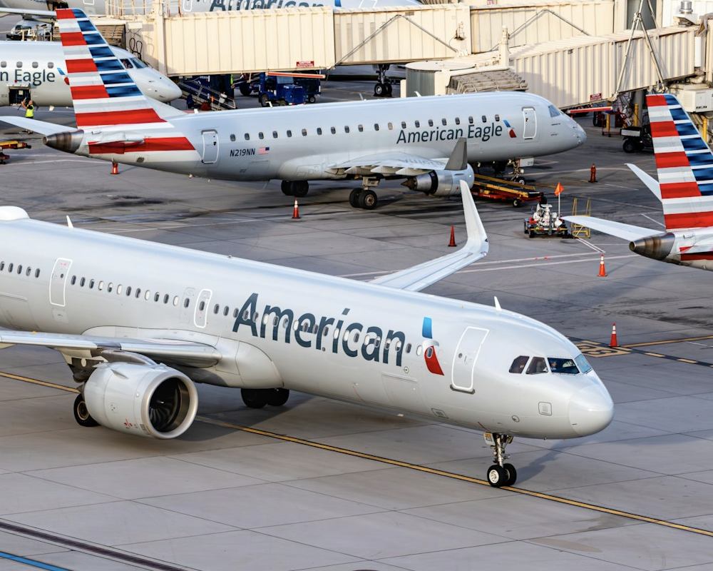 Aerial view of an American A321neo at PHX.