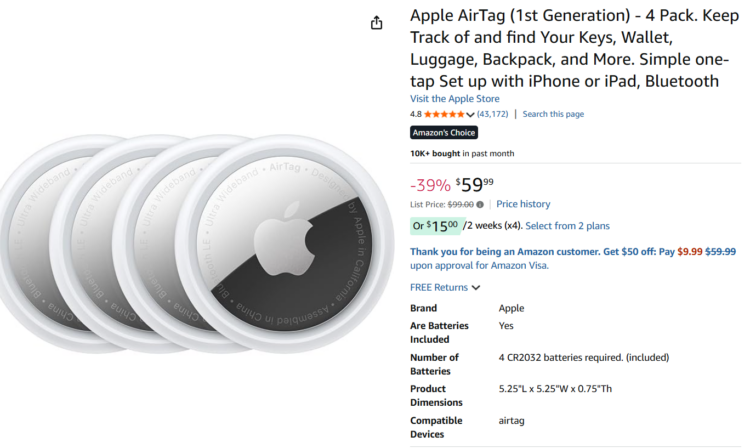 Screenshot of Amazon page for Apple AirTags discounted during Amazon Big Spring Sale