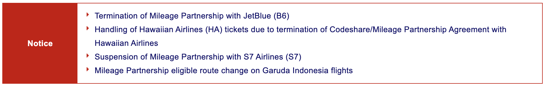 Japan Airlines partner webpage with JetBlue notice.