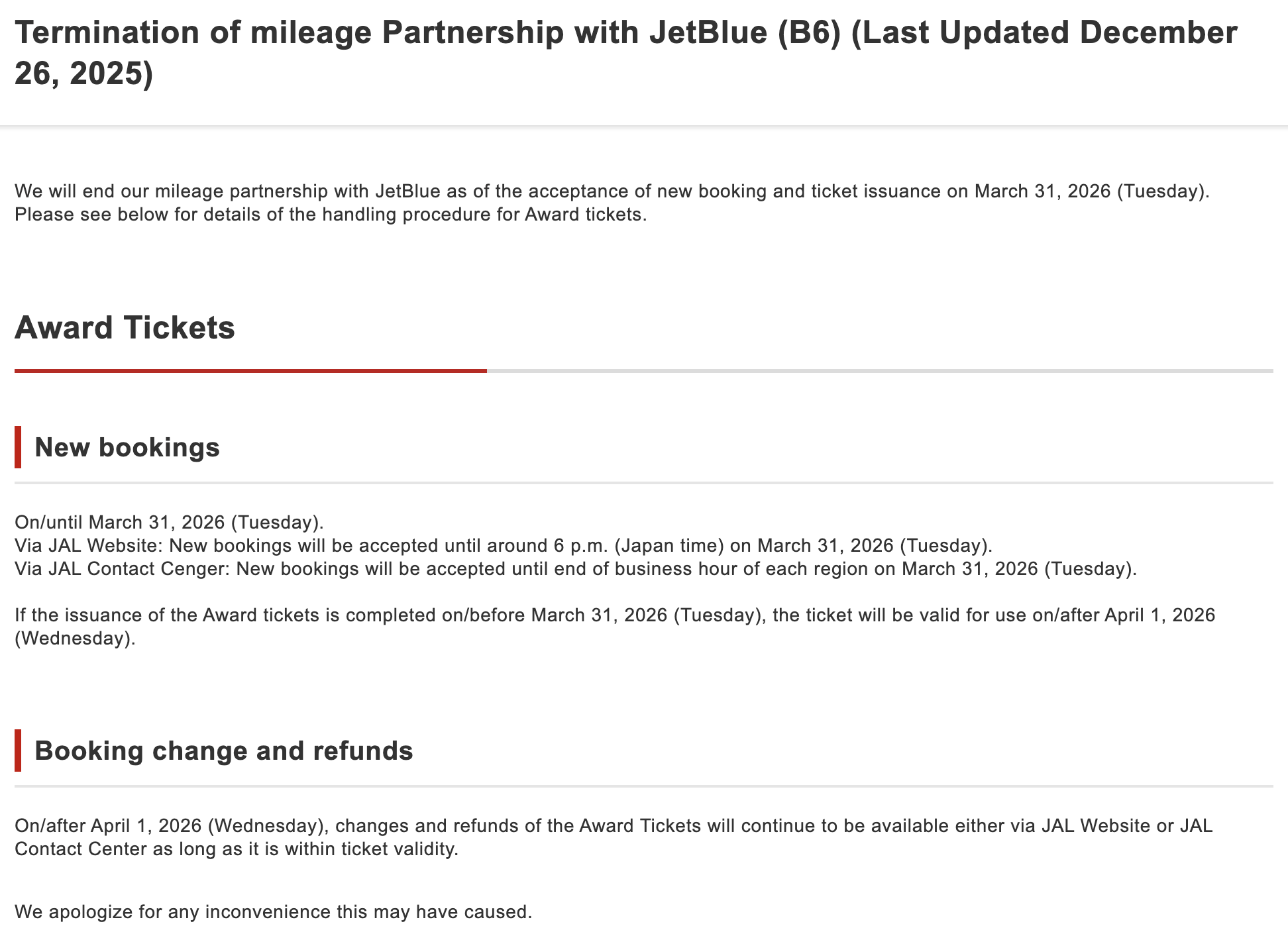 Japan Airlines partnership with JetBlue ending notice.