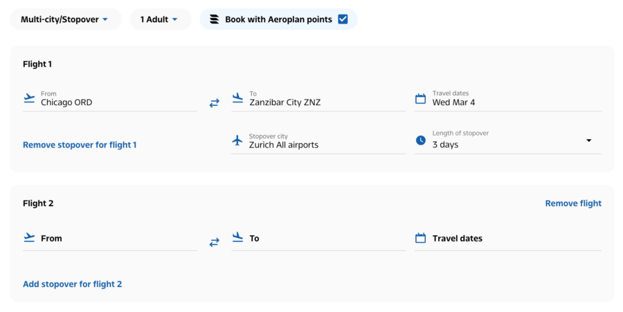 An Air Canada award flight from Chicago to Zanzibar with a three-day stopover in Zurich. 