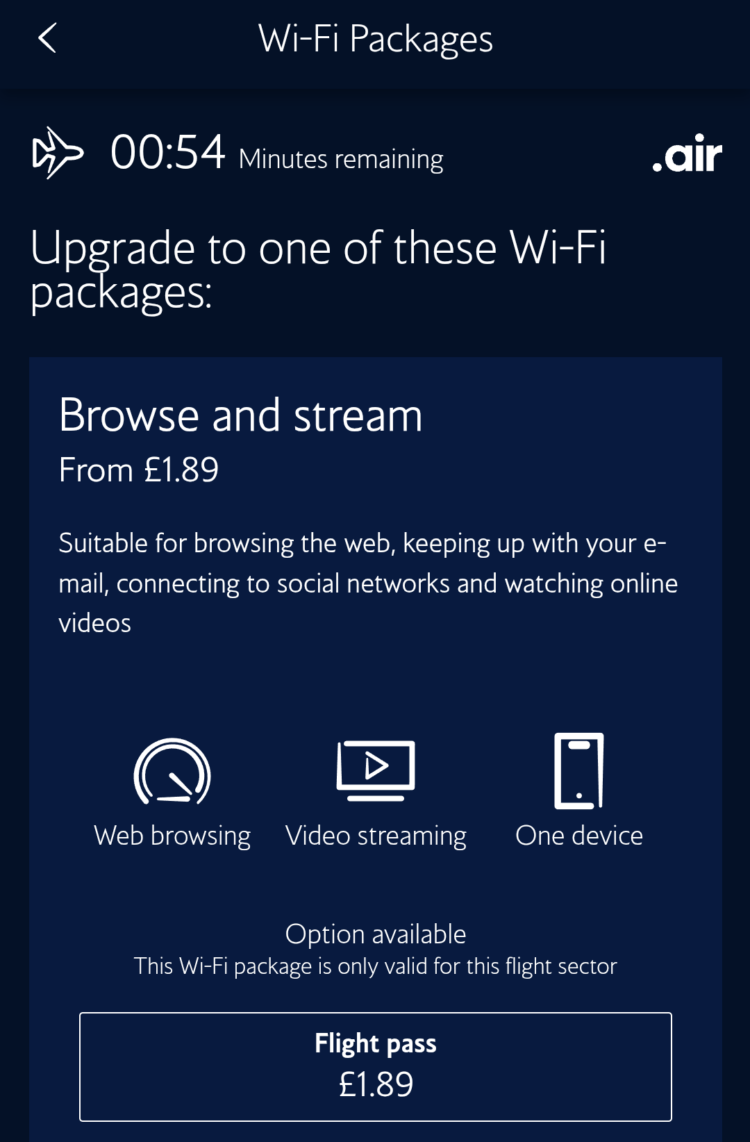 Screenshot showing British Airways Wi-Fi pricing in-flight