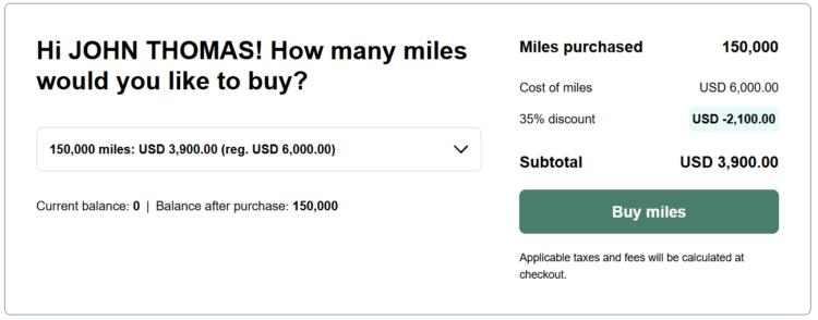 Screenshot of buying EVA miles with a 35% discount in US dollars